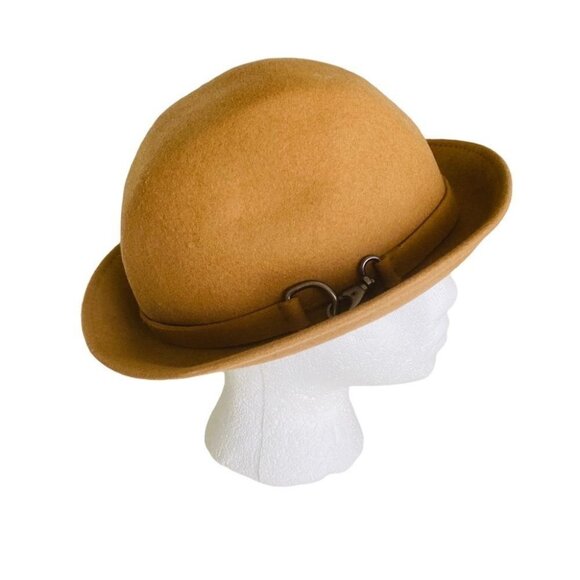 Vintage Amanda Smith Tan Bowler Hat 100% Wool Made in Italy Cloche Flapper 90s